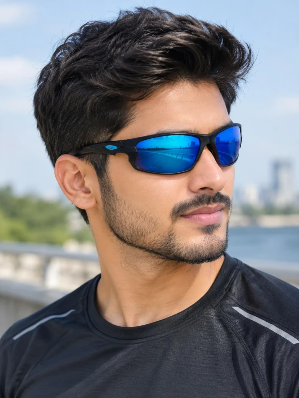 Oakley Style Black Frame Blue Mirror Lens Cricket & Sports Sunglass